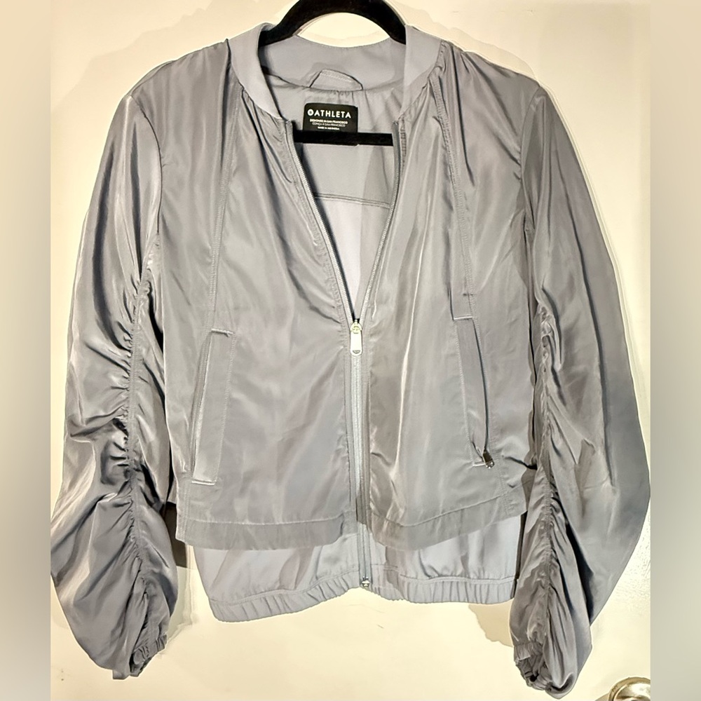 Athleta Gray Lightweight Zip Jacket Ruched Sleeves XS